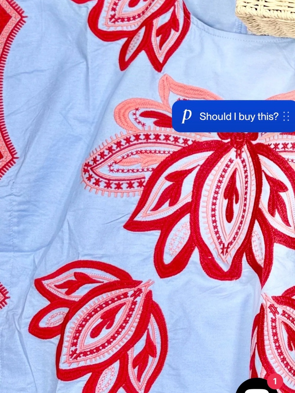 Thml Embroidered Light Blue Top with Red Floral Appliqué . Brand new , never wor - Picture 2 of 5